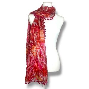 Coldwater Creek 100% Silk Floral Scarf Pink Red Orange Pom Pom Lightweight Boho‎